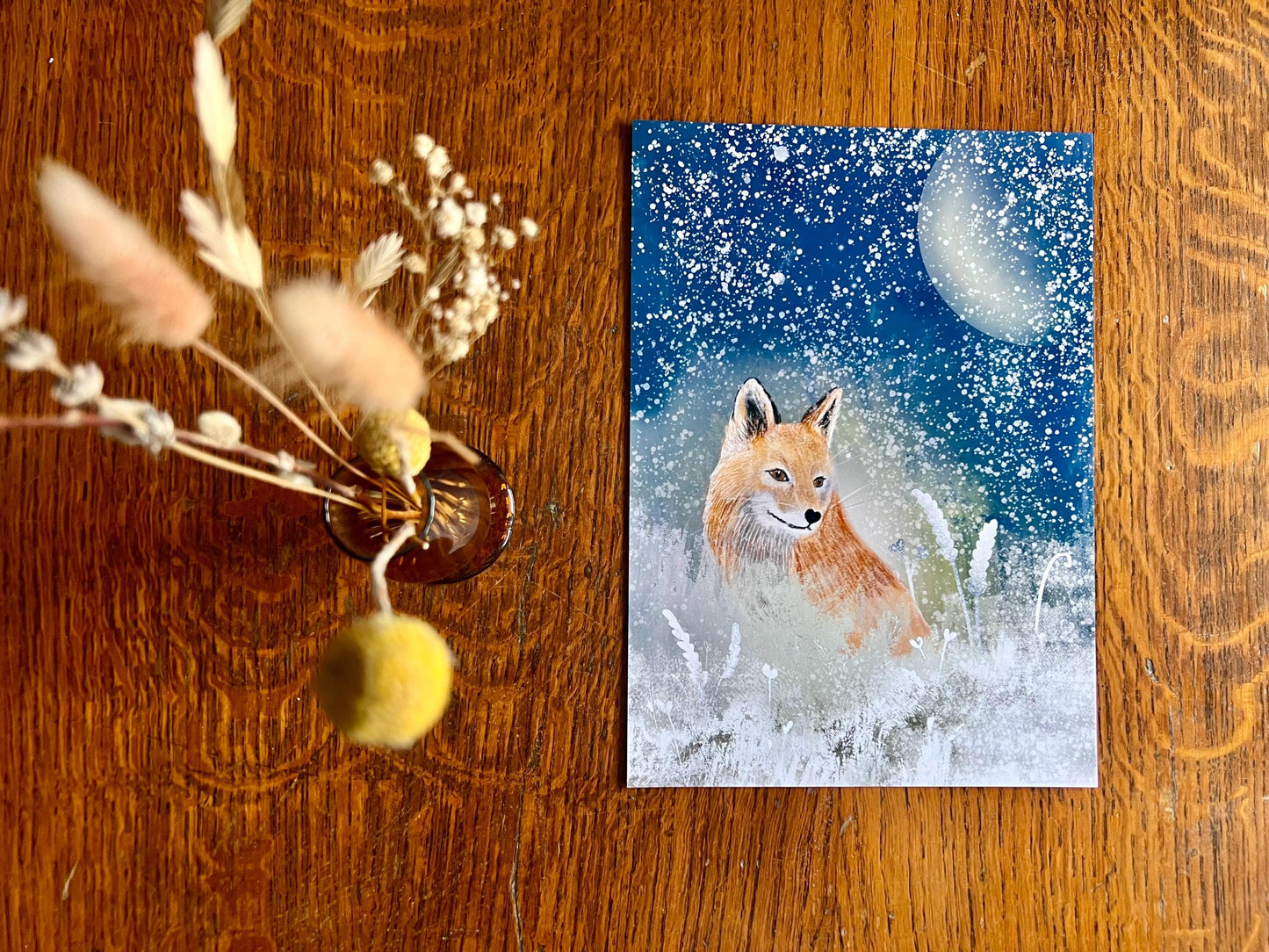 Fox and Moon Art Print – Snowy Night Woodland Illustration – Mystical Animal Artwork for Magical or Moody Interiors