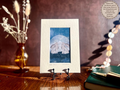 Moongazing Hares Art Print – Small Mystical Home Accent in 5”x7” Mount