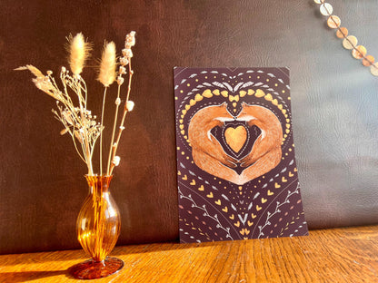 Sleeping Foxes Art Print – Nordic Folk Heart Design on Burgundy Background – Scandi-Inspired Animal Illustration for Gift or Decor