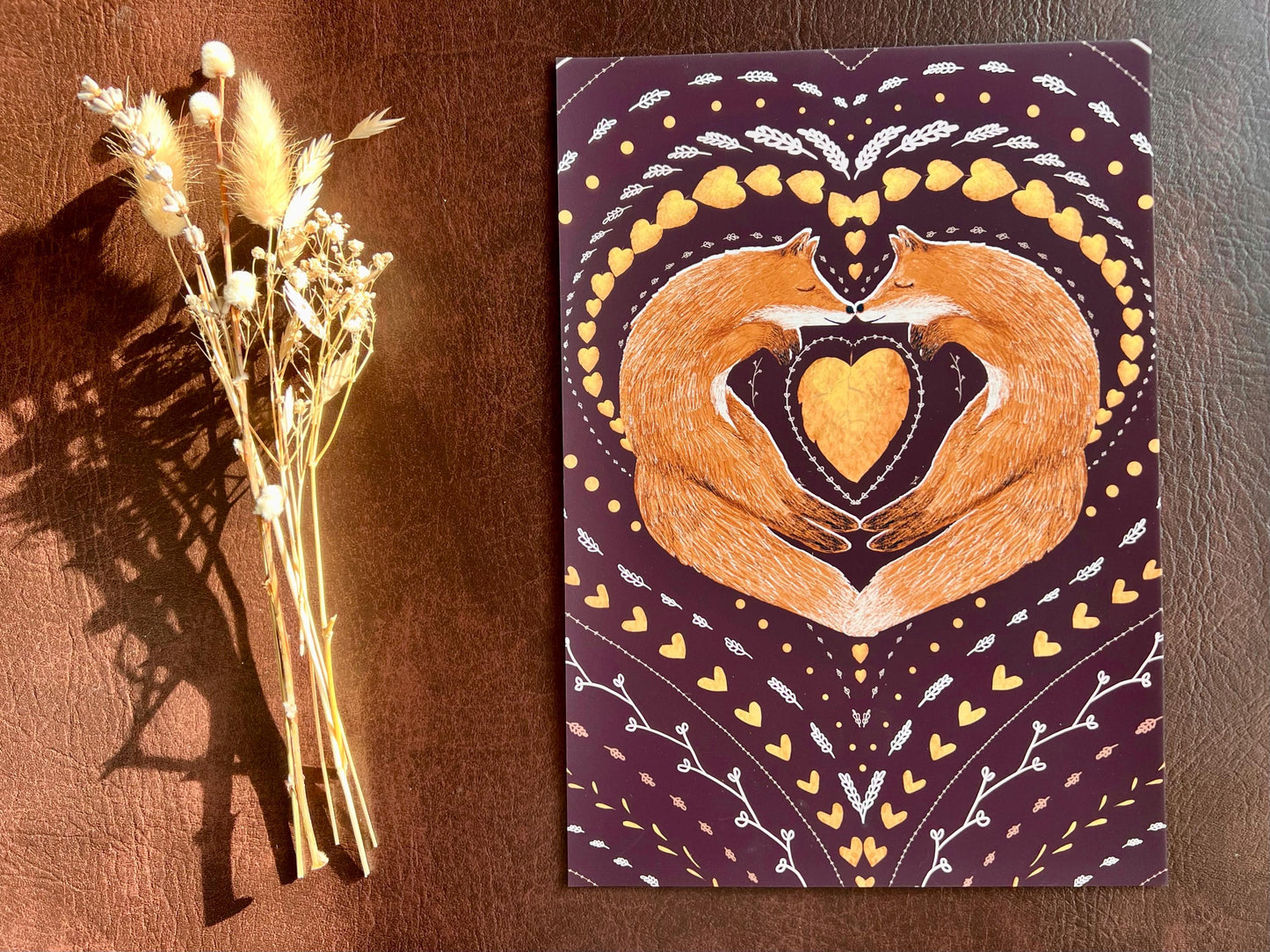 Sleeping Foxes Art Print – Nordic Folk Heart Design on Burgundy Background – Scandi-Inspired Animal Illustration for Gift or Decor