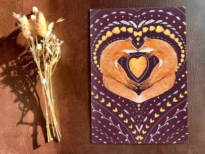 Sleeping Foxes Art Print – Nordic Folk Heart Design on Burgundy Background – Scandi-Inspired Animal Illustration for Gift or Decor