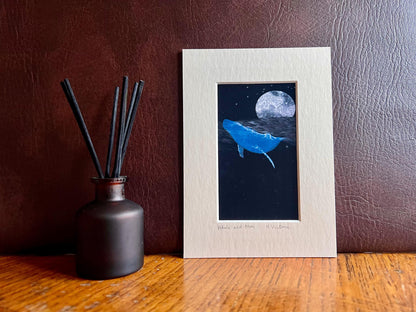 Celestial Whale and Moon Art Print – Small Illustrated Picture ina 5”x7” Mount