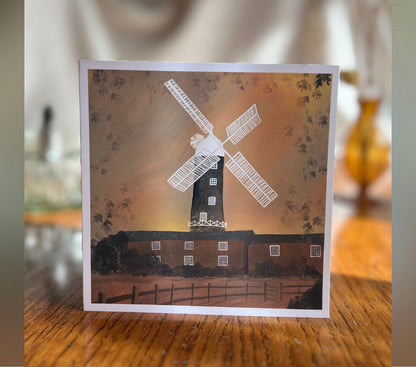 Skidby Windmill Blank Art Card for Any Occasion – Autumn Sunset Illustration with East Yorkshire Landmark