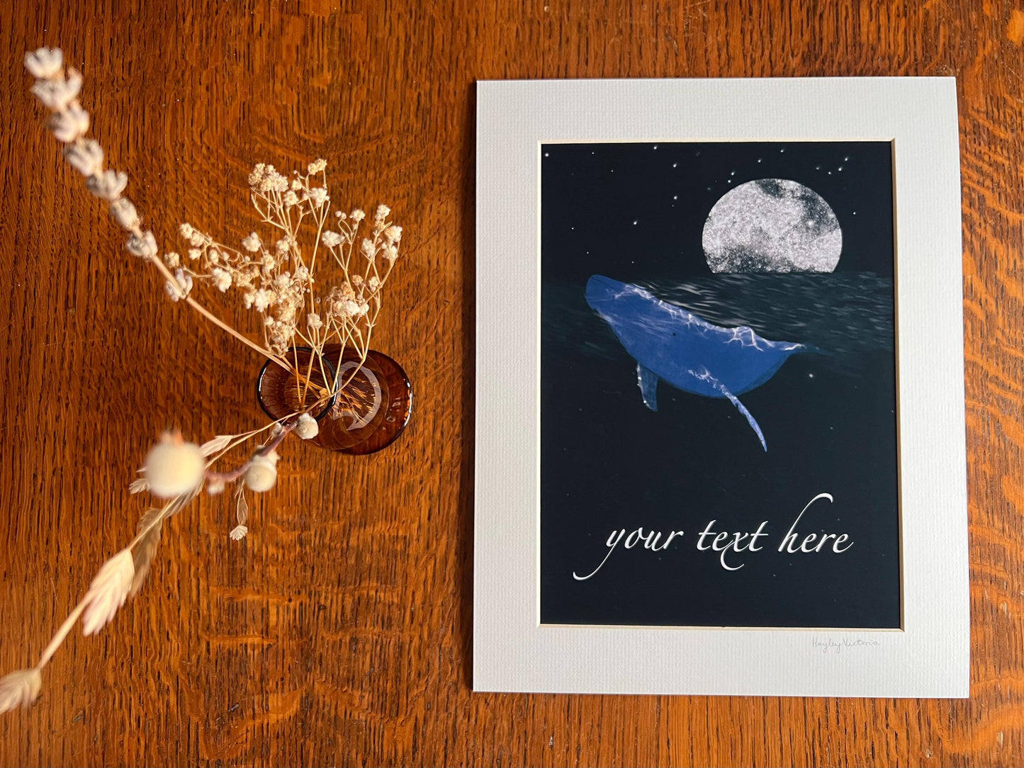 Custom Blue Whale Art Print – Personalised Ocean Nursery Wall Art with Moon & Stars