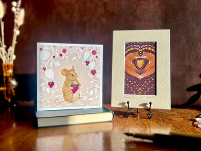 Sleeping Foxes Art Print & Blackberry Mouse Card – Woodland Animal Gift Set with Autumn Leaves Illustration