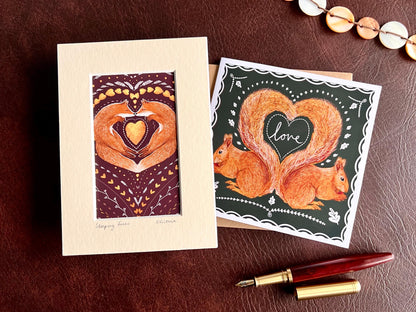 Sleeping Foxes Art Print & Red Squirrels ‘Love’ Card – Unique Woodland Gift Set for Partner
