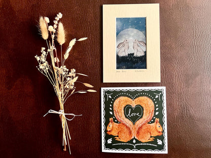 Moon Hares Art Print & Red Squirrels ‘Love’ Card – Unique Woodland Animal Gift Set for Partner