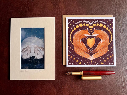 Moon Hares Illustration & Greeting Card Set – Mounted Art Print Gift with Fox Folk Art Card