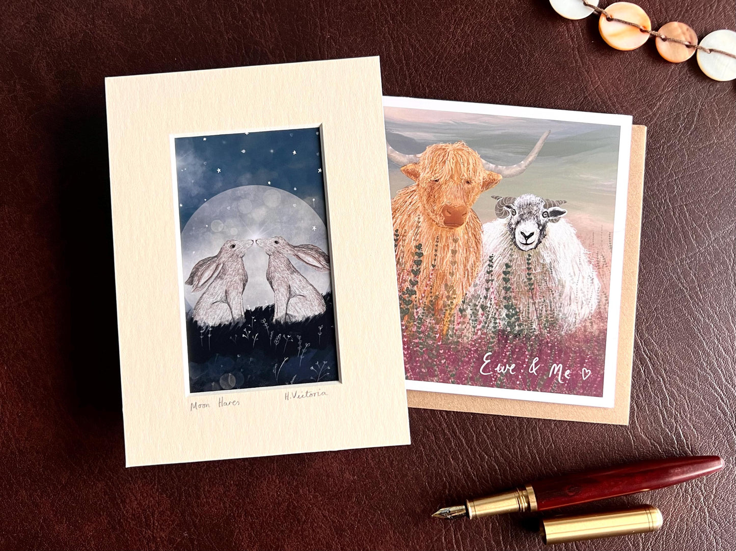 Moon Hares Art Print & Fun ‘Ewe & Me’ Highland Cow & Sheep Card – Playful Woodland and Farm Animal Gift Set