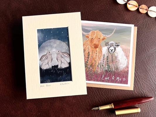 Moon Hares Art Print & Fun ‘Ewe & Me’ Highland Cow & Sheep Card – Playful Woodland and Farm Animal Gift Set