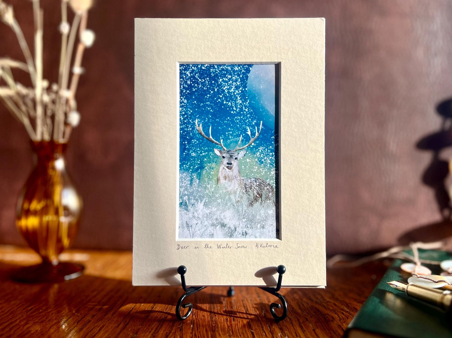 Stag in the Snow Celestial Art Print in a 5”x7” Mount - Rustic Country Interior Home Accent
