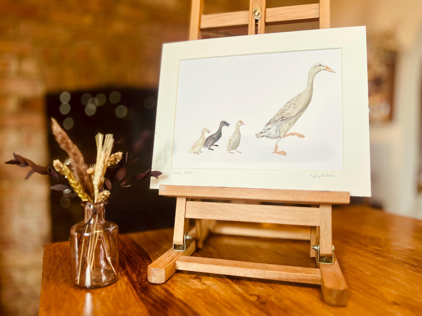 Runner Ducks Art Print – White Duck and Ducklings Illustration – Rustic Animal Wall Art for Cottage or Kitchen Decor