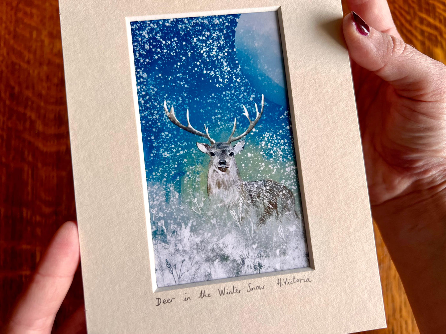 Stag in the Snow Celestial Art Print in a 5”x7” Mount - Rustic Country Interior Home Accent