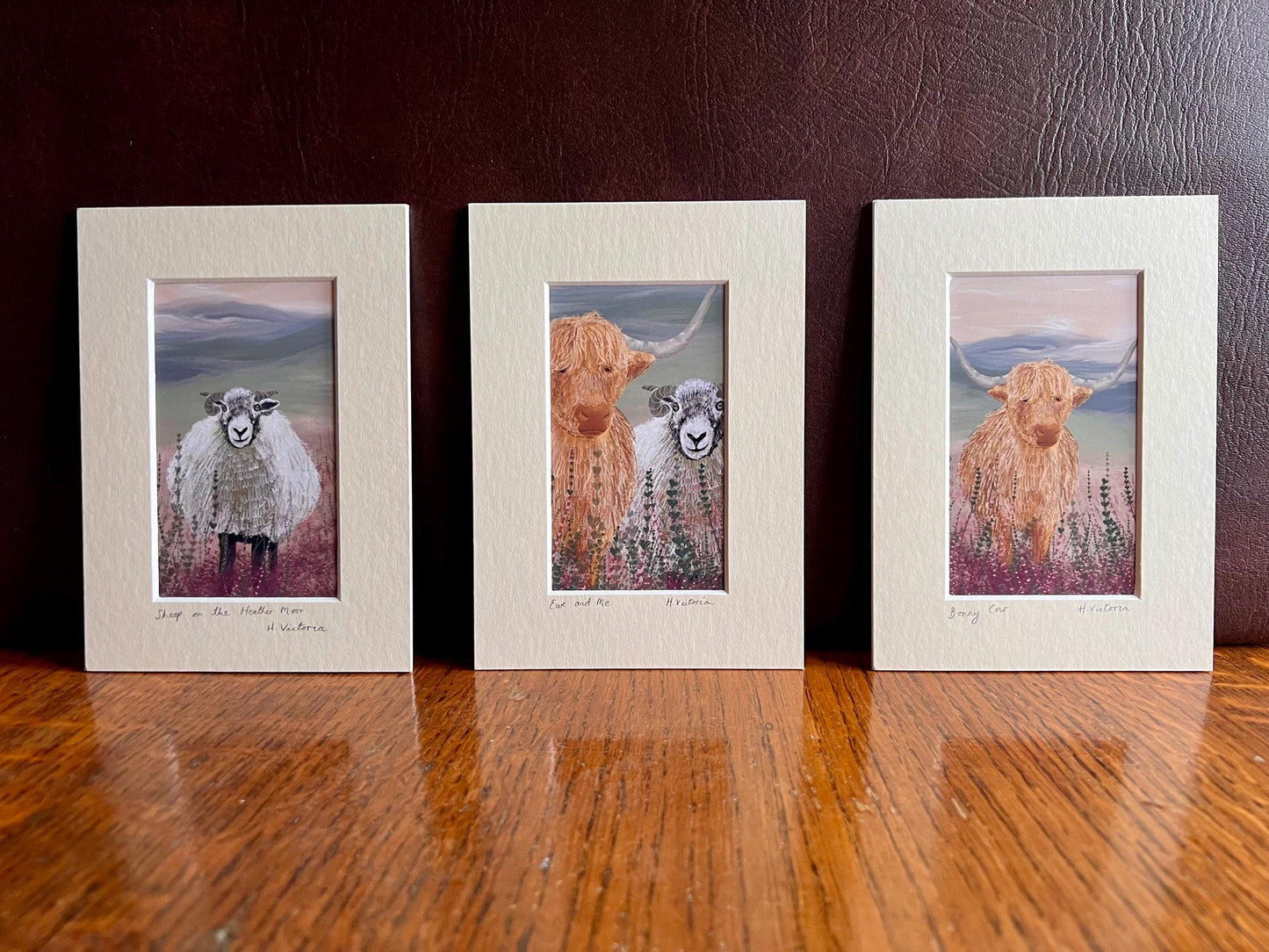 Highland Cow & Swaledale Sheep Art Print Set – Heather Moorland Triptych for Shelf Display
