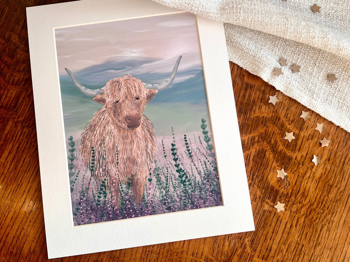 Highland Cow Art Print – Scottish Landscape with Purple Heather – Rustic Animal Wall Art for Cottage Interiors