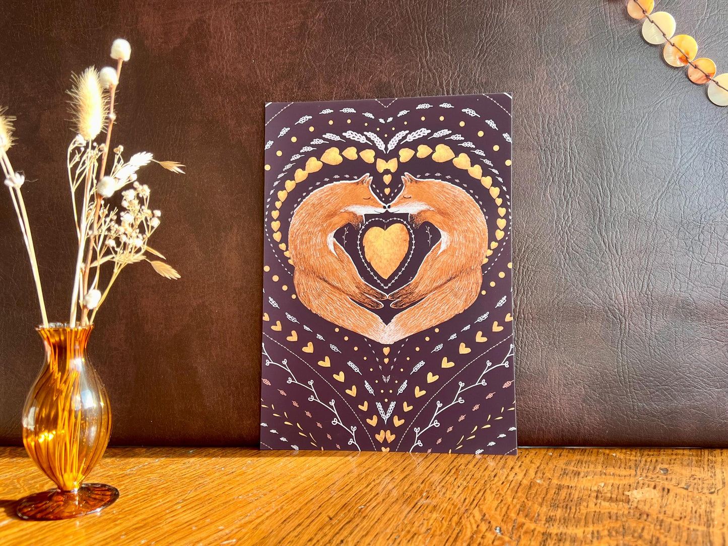 Sleeping Foxes Art Print – Nordic Folk Heart Design on Burgundy Background – Scandi-Inspired Animal Illustration for Gift or Decor