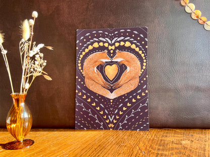 Sleeping Foxes Art Print – Nordic Folk Heart Design on Burgundy Background – Scandi-Inspired Animal Illustration for Gift or Decor