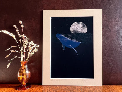 Whale and Moon Art Print – Celestial Ocean Illustration with Black Sky – Atmospheric Wall Art for Natural or Spiritual Decor