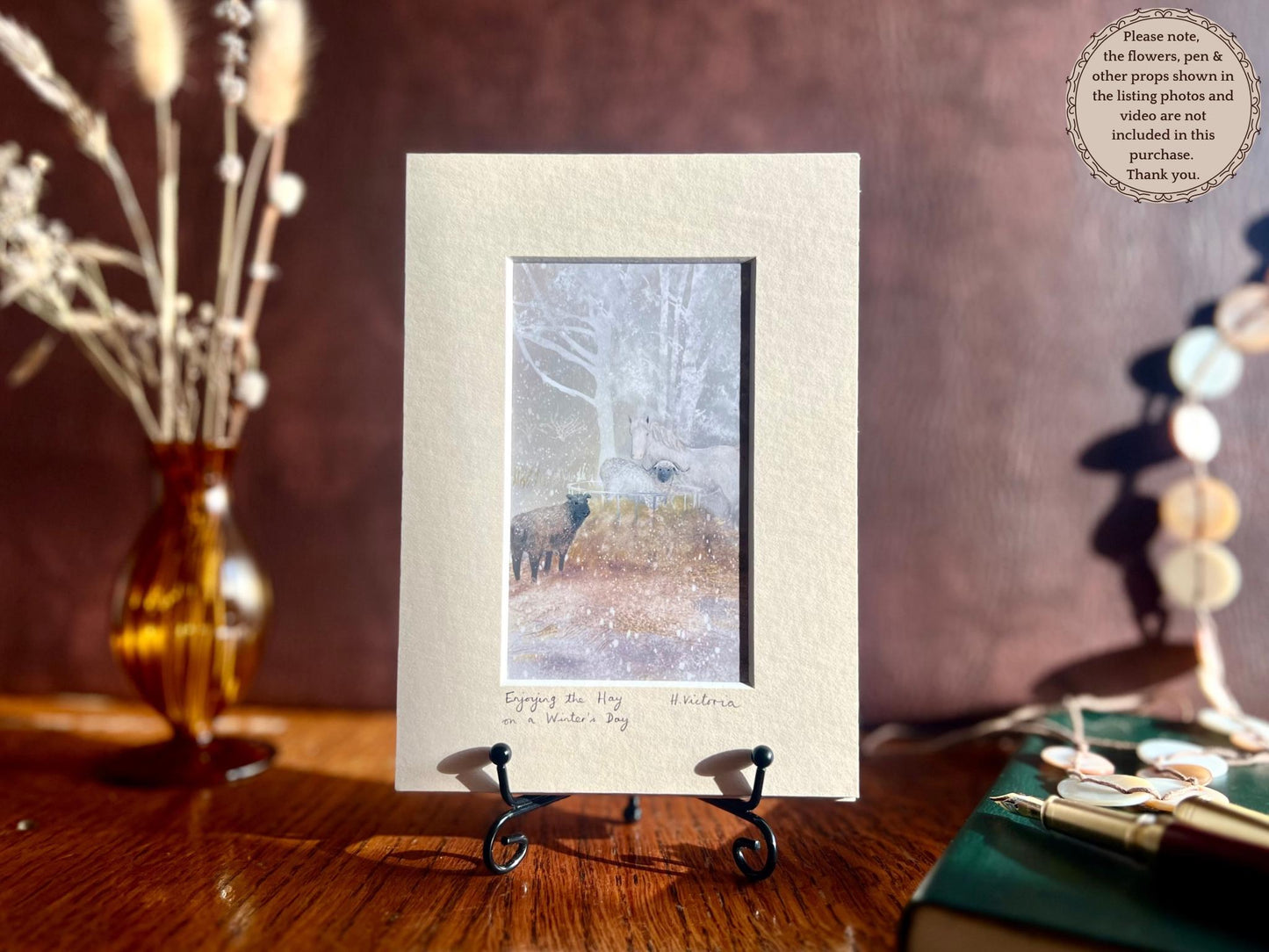 Small Art Print with Fun Sheep and a White Horse on a Snowy Day – A Charming Small Art Print