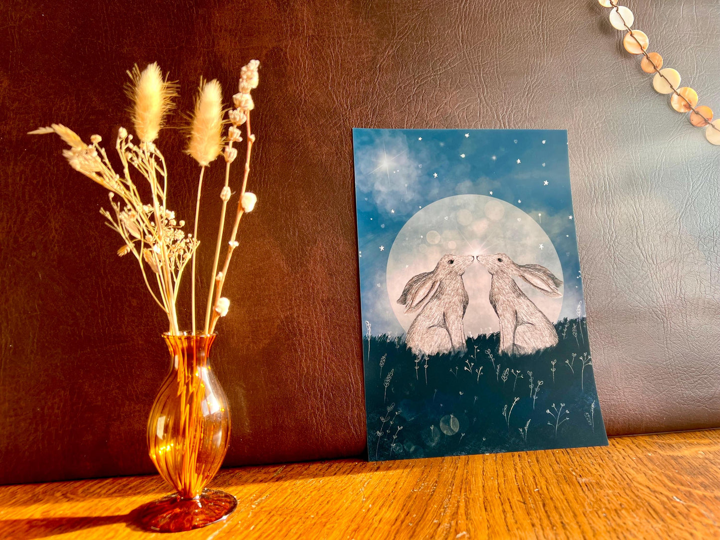 White Hares Moon Art Print – Symmetrical Celestial Animal Illustration – Mystical and Spiritual Night Sky Wall Art