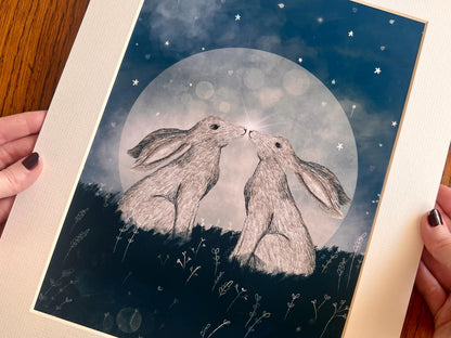 White Hares Moon Art Print – Symmetrical Celestial Animal Illustration – Mystical and Spiritual Night Sky Wall Art