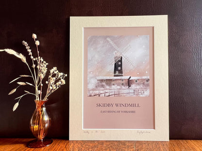 Skidby Windmill Snow Print – East Yorkshire Winter Landscape Illustration – Multiple Background Colours Available