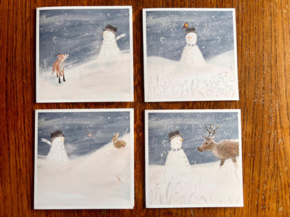Snowman and His Winter Friends – Set of 4 Illustrated Christmas Cards with Woodland Animals