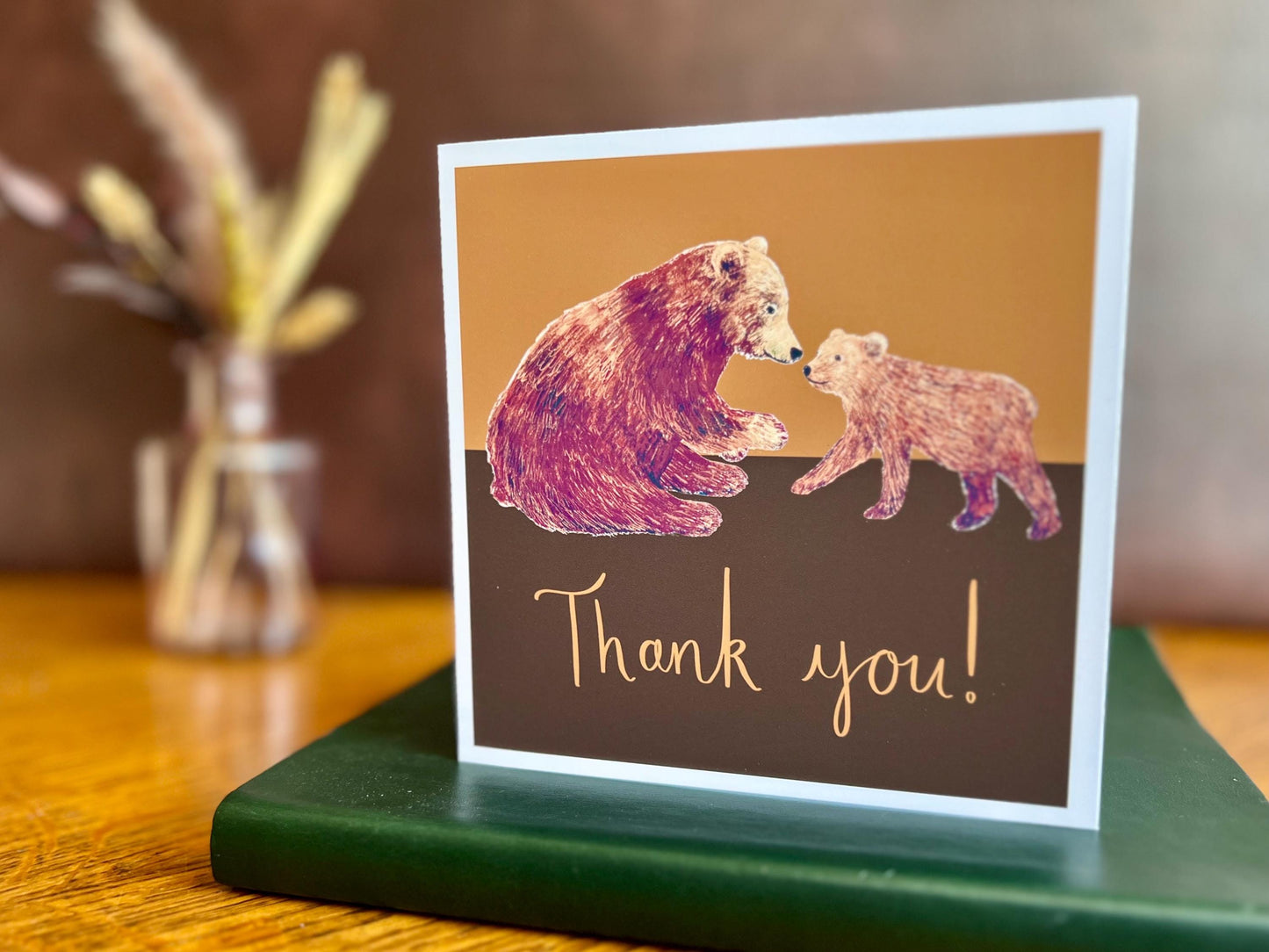Personalised Thank You Teacher Card – Two Illustrated Bears on Burnt Orange and Brown Background
