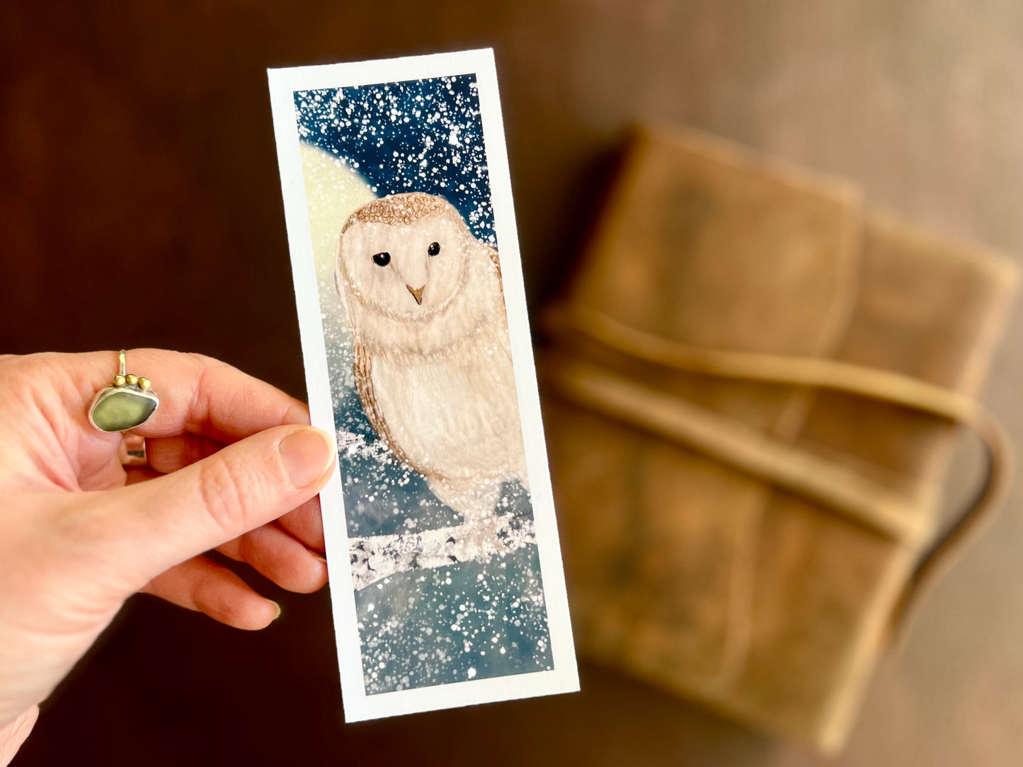 Handcrafted bookmark by artist Hayley Victoria from The Little Mouse’s House. Featuring a barn owl illustration, with a full moon in the background. 