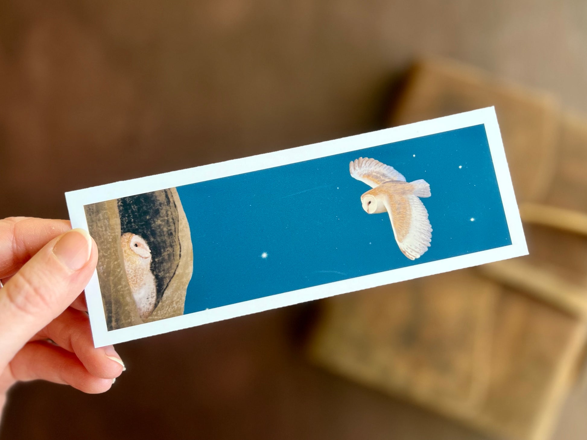 Cute barn owls at night illustration by Hayley Victoria. Night sky picture printed on matte card. Artisan bookmark.
