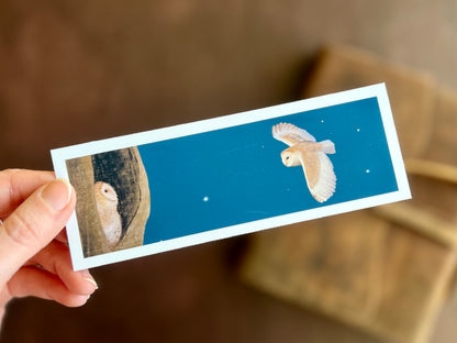 Cute barn owls at night illustration by Hayley Victoria. Night sky picture printed on matte card. Artisan bookmark.