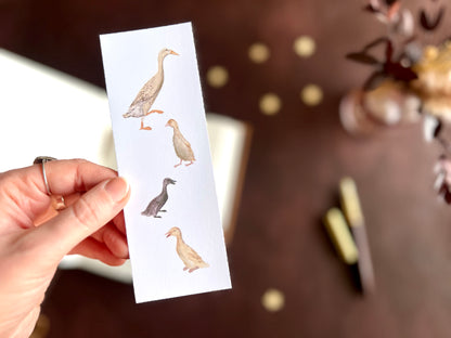Cute ducklings and runner duck bookmark with white background. Amal stocking filler gift for stationery lover.