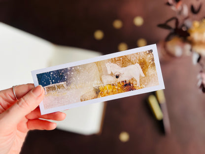 White horse illustration on an artisan bookmark. Handcrafted in East Yorkshire by UK artist Hayley Victoria. Cute animal picture o be used as reading gift. Magical, starry night scene.