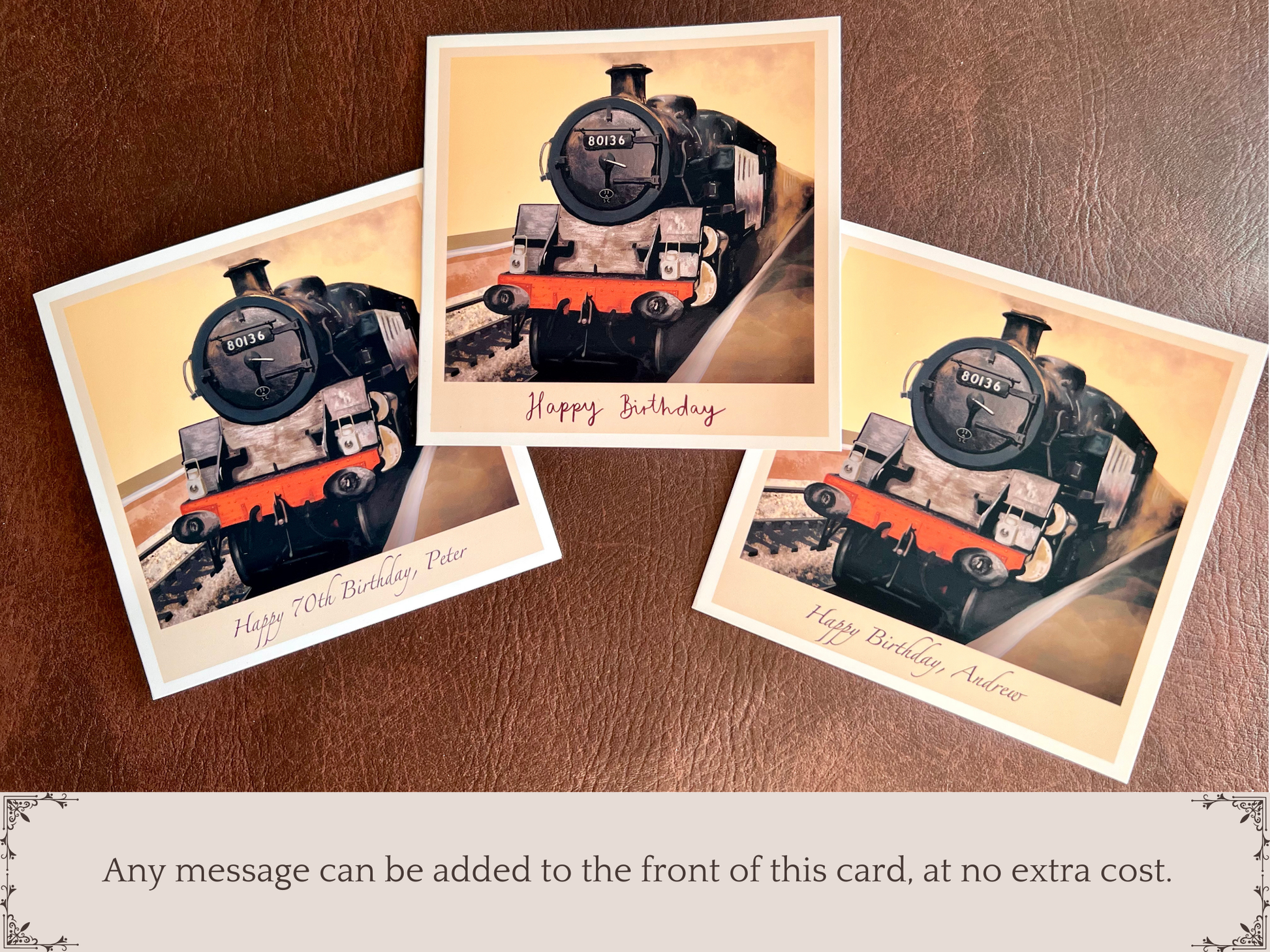 Three handcrafted greeting cards displayed side by side featuring an illustrated steam train from the North Yorkshire Moors Railway (engine 80136). The designs show personalisation options: one card reads “Happy 70th Birthday, [Name]”, one reads “Happy Birthday” with no personalisation, and one reads “Happy Birthday, [custom name]”. Includes premium illustrated design and recycled kraft envelope.