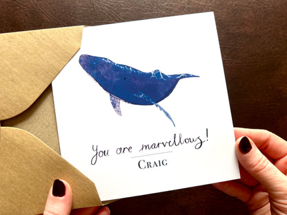 You Are Marvellous! Blue Whale Card – Positive Affirmation, Congratulations, Good Luck or Personalised Thank You Card