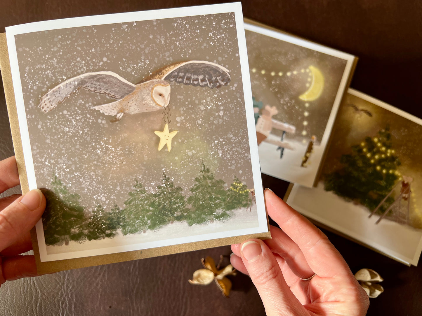 Woodland Winter Card Set – Pack of 3 Illustrated Christmas Cards – Magical Nighttime Designs