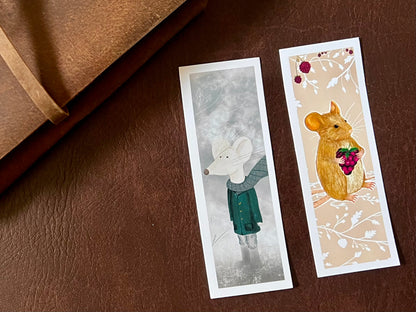 Winter Mouse & Blackberry Bookmark Set – Handmade Illustrated Bookmarks | Mouse Designs