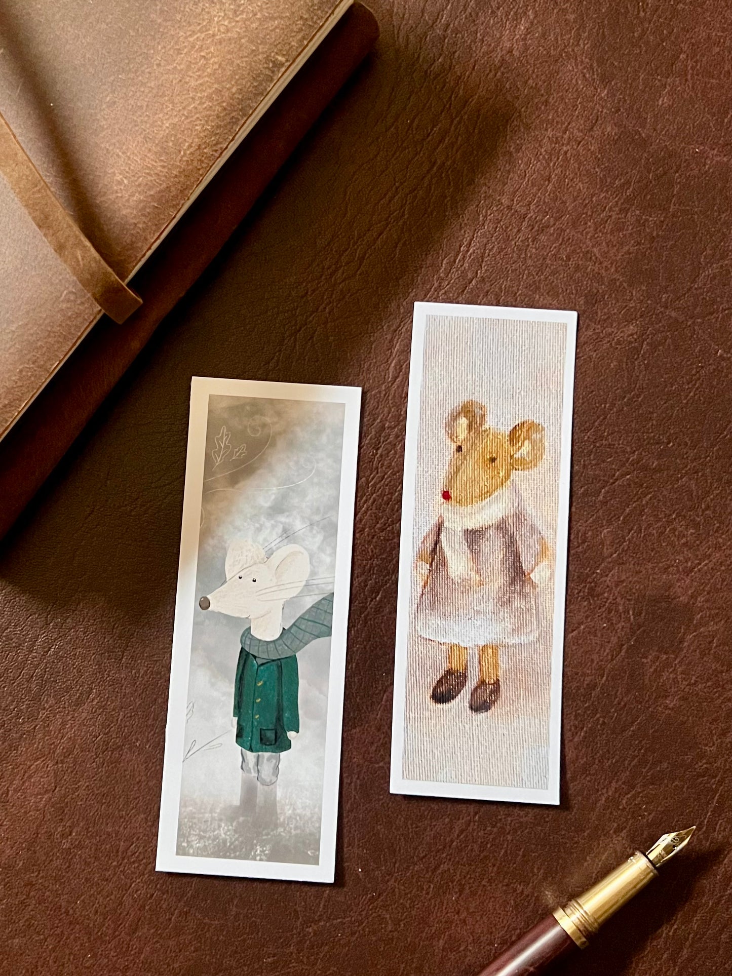 Mouse Bookmark Set – Handmade Illustrated & Art Print Bookmarks | Winter Mouse & Mouse in a Lilac Dress
