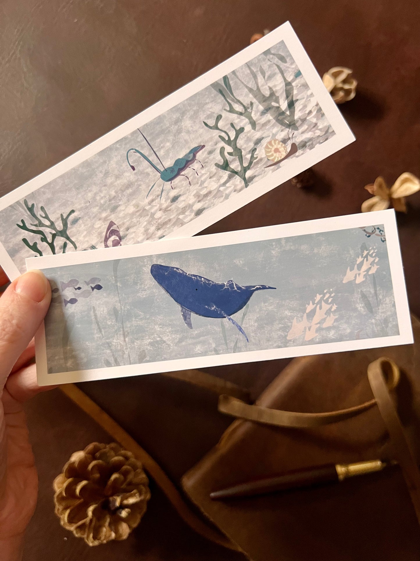 Sea Life Bookmark Set – Handmade Illustrated Bookmarks | Blue Whale & Lobster Designs