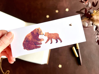Brown bear and bear cub illustration, printed on an artisan bookmark. 