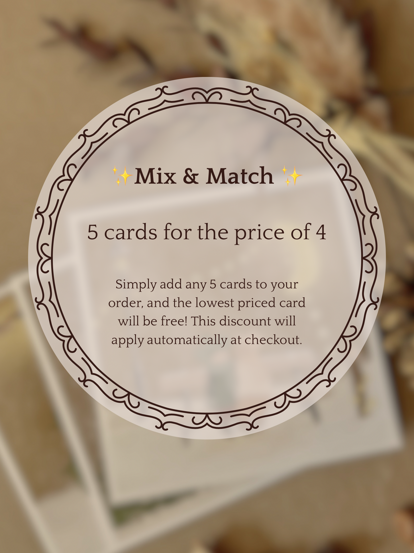 Mix and match greeting cards offer infographic showing buy 5 cards for the price of 4 with automatic discount at checkout, independent handmade card shop based in England shipping to Great Britain and USA