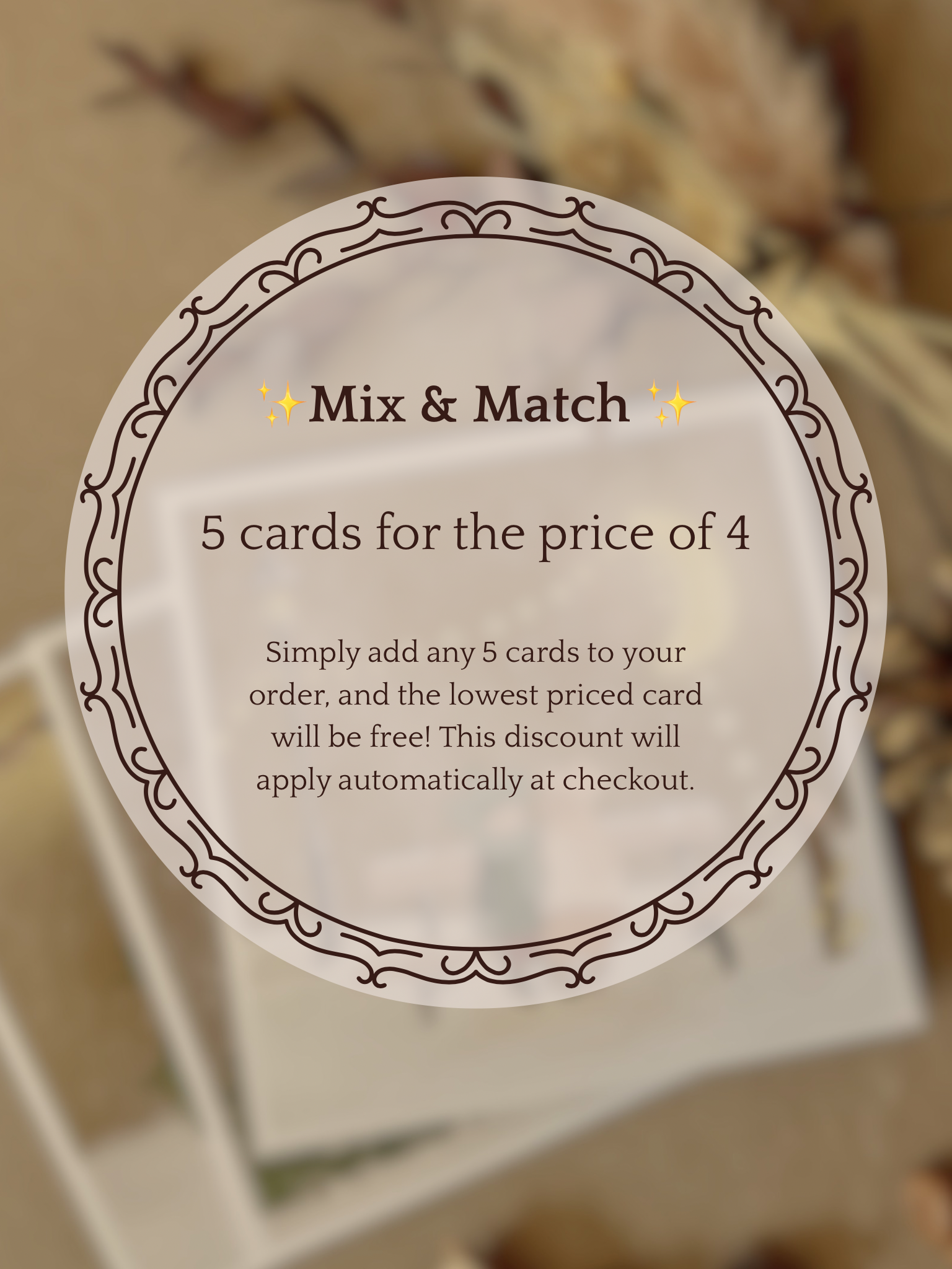 Mix and match greeting cards offer infographic showing buy 5 cards for the price of 4 with automatic discount at checkout, independent handmade card shop based in England shipping to Great Britain and USA