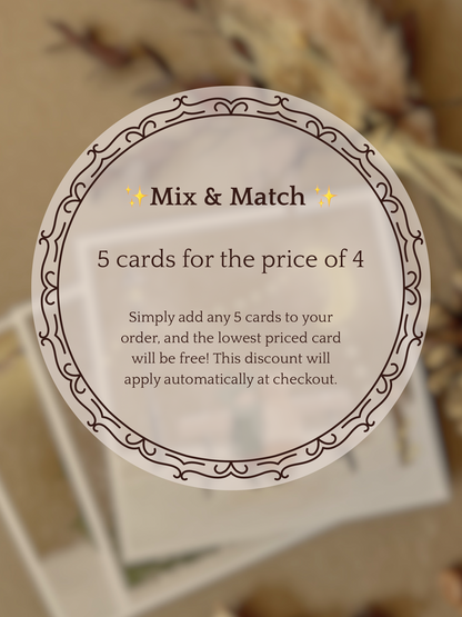 Mix and match greeting cards offer infographic showing buy 5 cards for the price of 4 with automatic discount at checkout, independent handmade card shop based in England shipping to Great Britain and USA