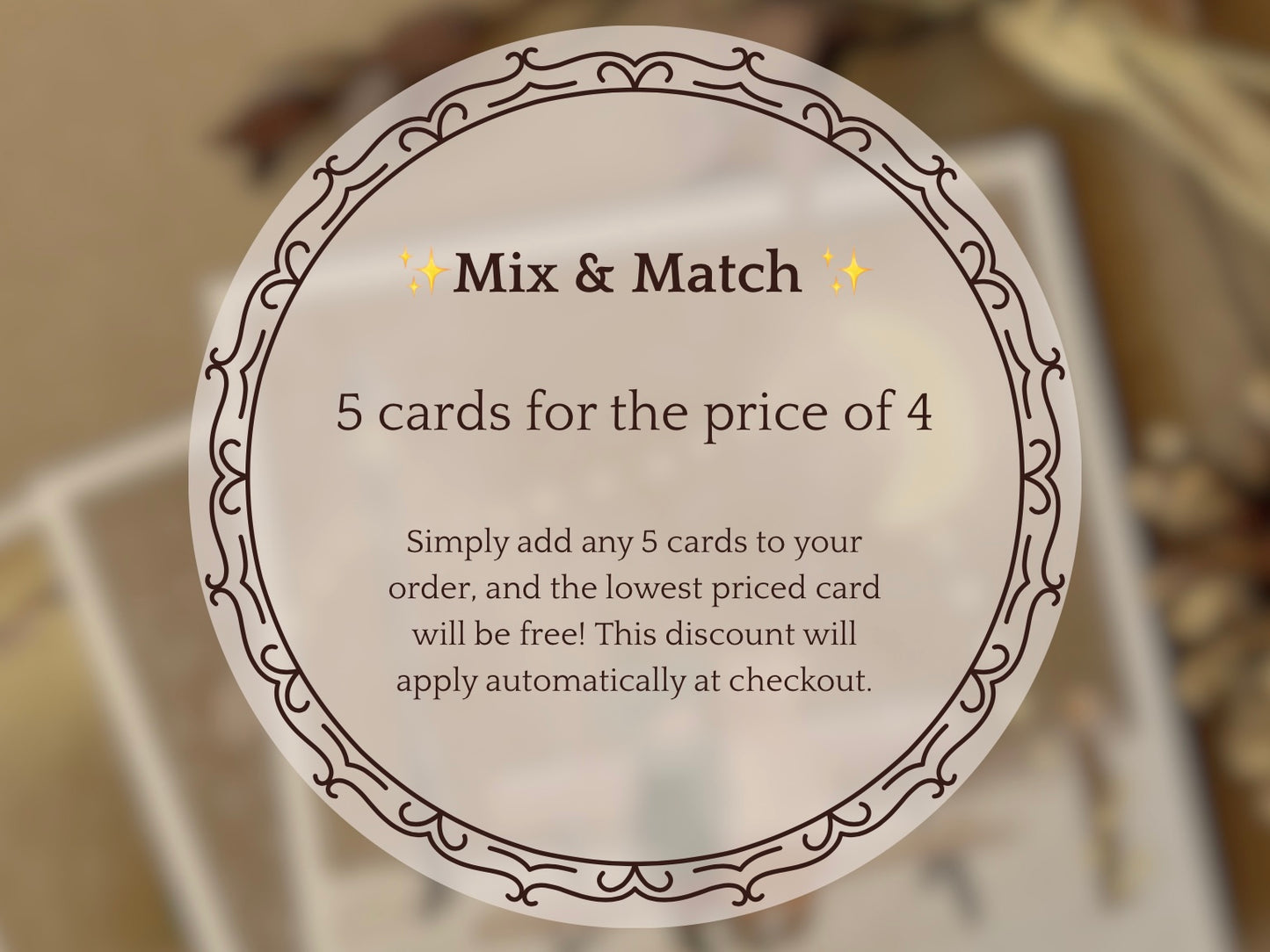 Infographic showing that all greeting cards at The Little Mouse’s House are included in the Mix & Match offer, where customers can choose any five cards and get the fifth free
