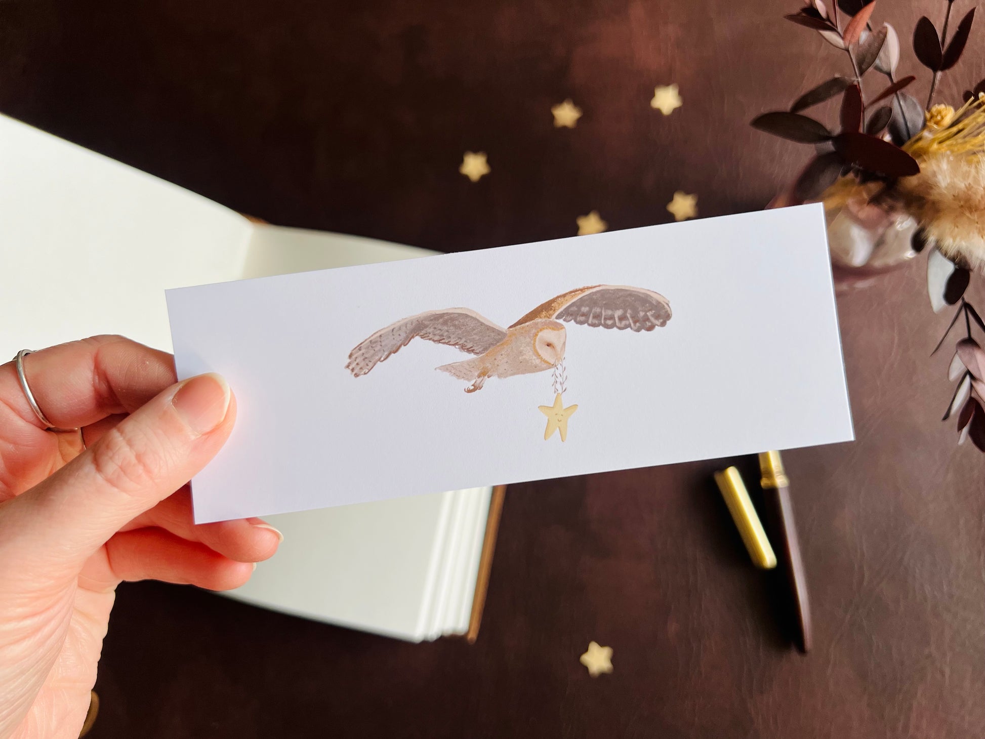 Artisan bookmark by UK artist Hayley Victoria. Handcrafted and printed in East Yorkshire. Brown owl design. Reading gift for lovers of storybook illustration, woodland animals and night owls.