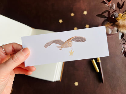 Artisan bookmark by UK artist Hayley Victoria. Handcrafted and printed in East Yorkshire. Brown owl design. Reading gift for lovers of storybook illustration, woodland animals and night owls.