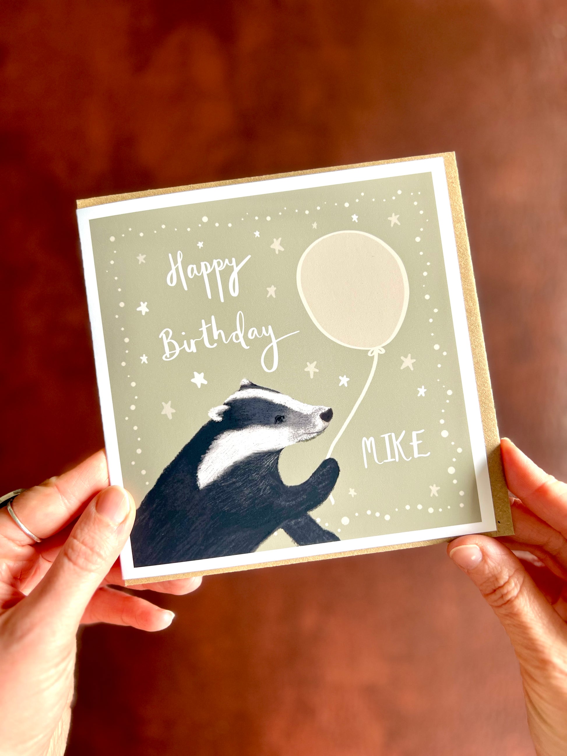 Personalised badger birthday card with custom name printed by hand in East Yorkshire studio, featuring easy free personalisation and fast turnaround