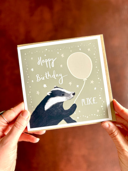 Personalised badger birthday card with custom name printed by hand in East Yorkshire studio, featuring easy free personalisation and fast turnaround