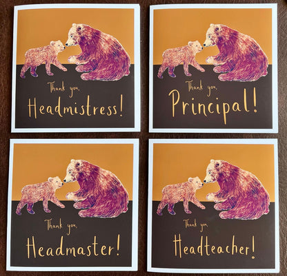 Artisan infographic image showing four personalised thank you card examples laid flat on a brown leatherette background. Each card features a brown bear and bear cub illustration with alternative wording options including ‘Thank you, Headmistress!’, ‘Thank you, Principal!’, ‘Thank you, Headmaster!’ and ‘Thank you, Headteacher!’. Ideal as an end of term thank you card for school leaders, a school staff appreciation card, or a personalised thank you gift for a headteacher, principal or senior member of staff.