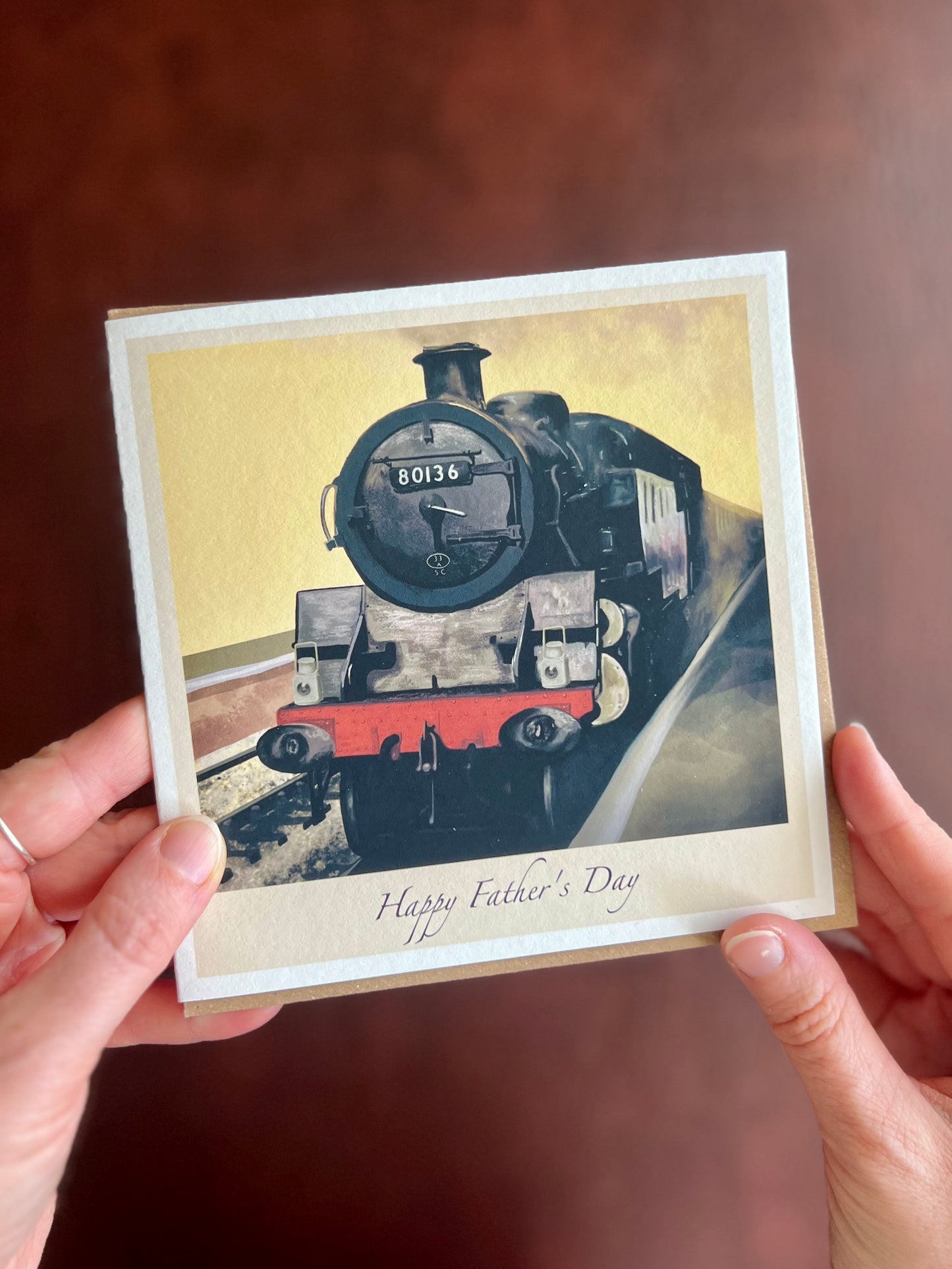 Personalised Father’s Day card featuring steam locomotive 80136 from the North Yorkshire Moors Railway, illustrated against a yellow background with customisable text beneath. Vintage steam train illustration.